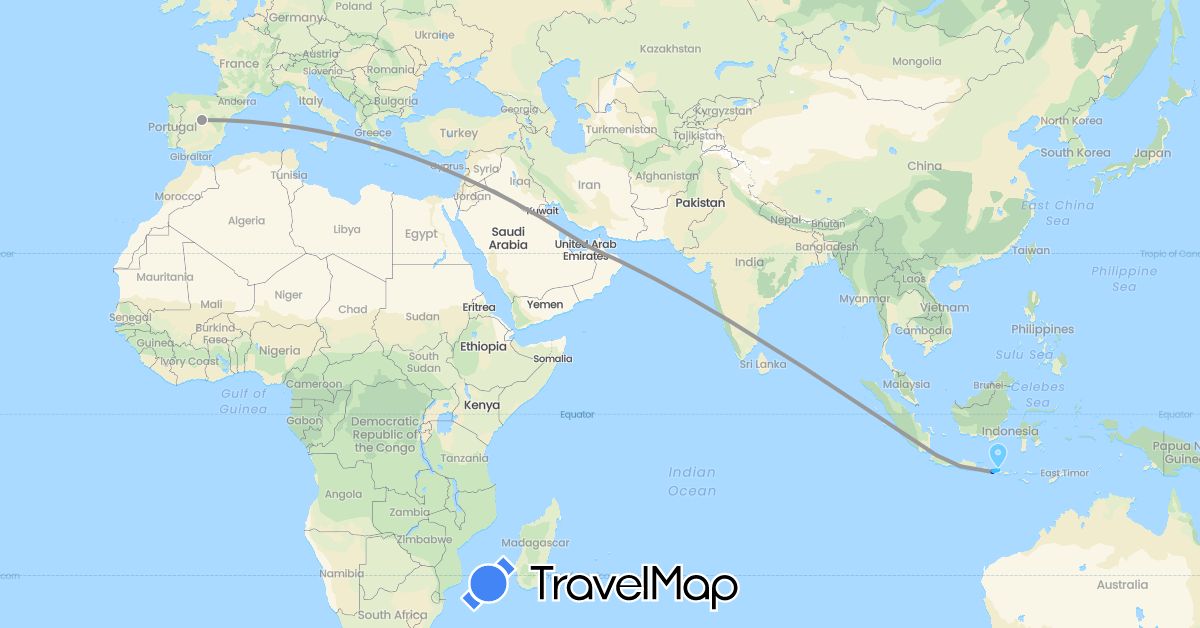 TravelMap itinerary: driving, plane, boat in Spain, Indonesia (Asia, Europe)